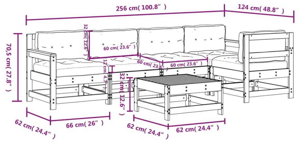 6 pcs conjunto lounge jardim com almofadões madeira maciça