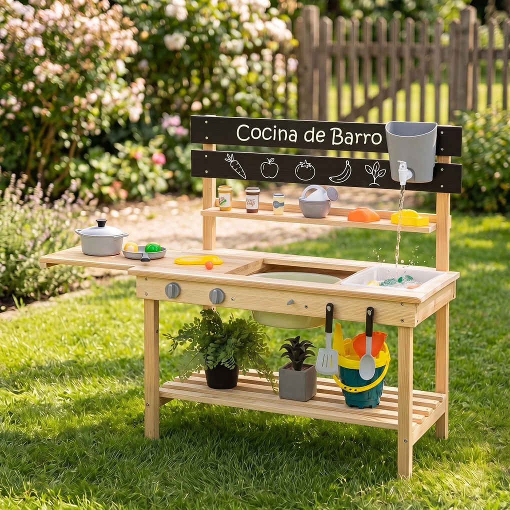 Cozinha de Brincar para Exterior, 80 x 44,5 x 87,5 cm, Tampo Deslizante, Natural