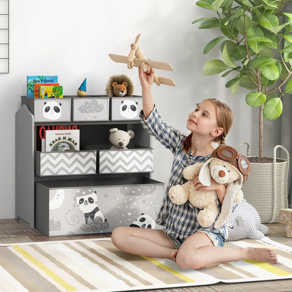 Estante para Brinquedos com 6 Caixas de Tecido não Tecido Amovíveis Organizador de Brinquedos 63x30x66 cm Cinza