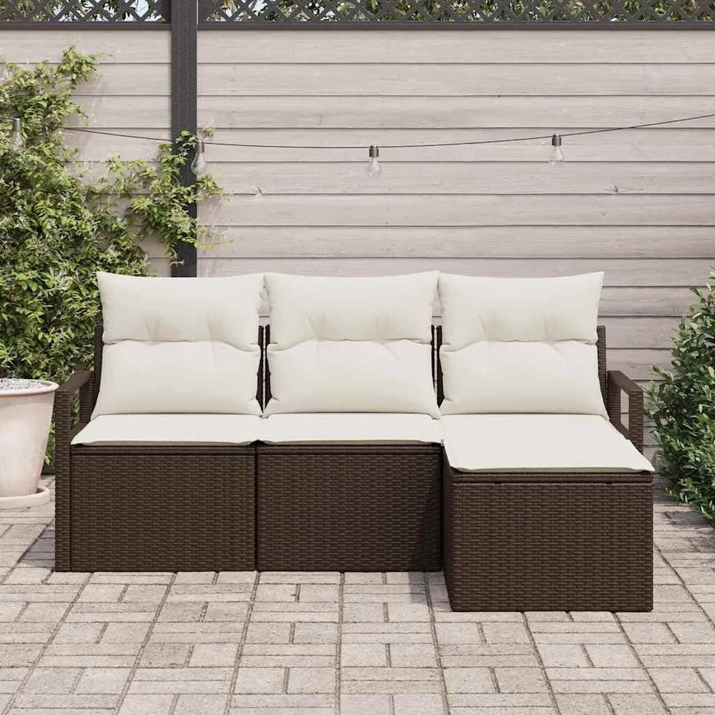 Conjunto de Sofá de Jardim com 4 Peças e Almofadas Castanho de Rattan