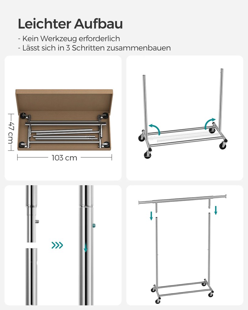 Guarda roupa aberto de estilo industrial extensivel com Rodas (92-132) x 45,4 x 160 cm Prata