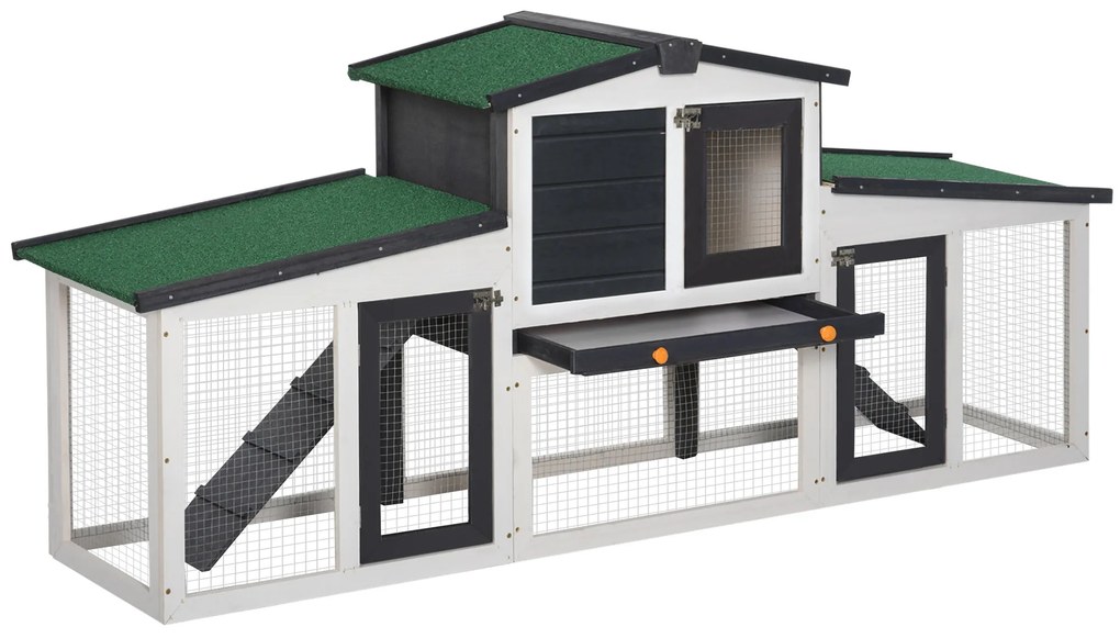PawHut Coelheira de Madeira Gaiola para Coelhos com Teto Rebatível Escada e Bandeja Amovível para Exterior 197x49x86 cm Cinza | Aosom Portugal