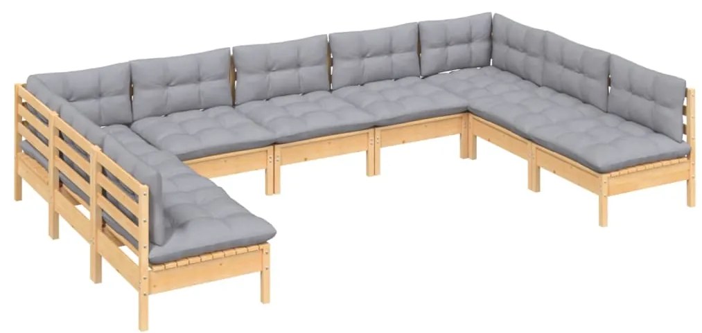 9 pcs conjunto lounge de jardim + almofadões cinza pinho maciço