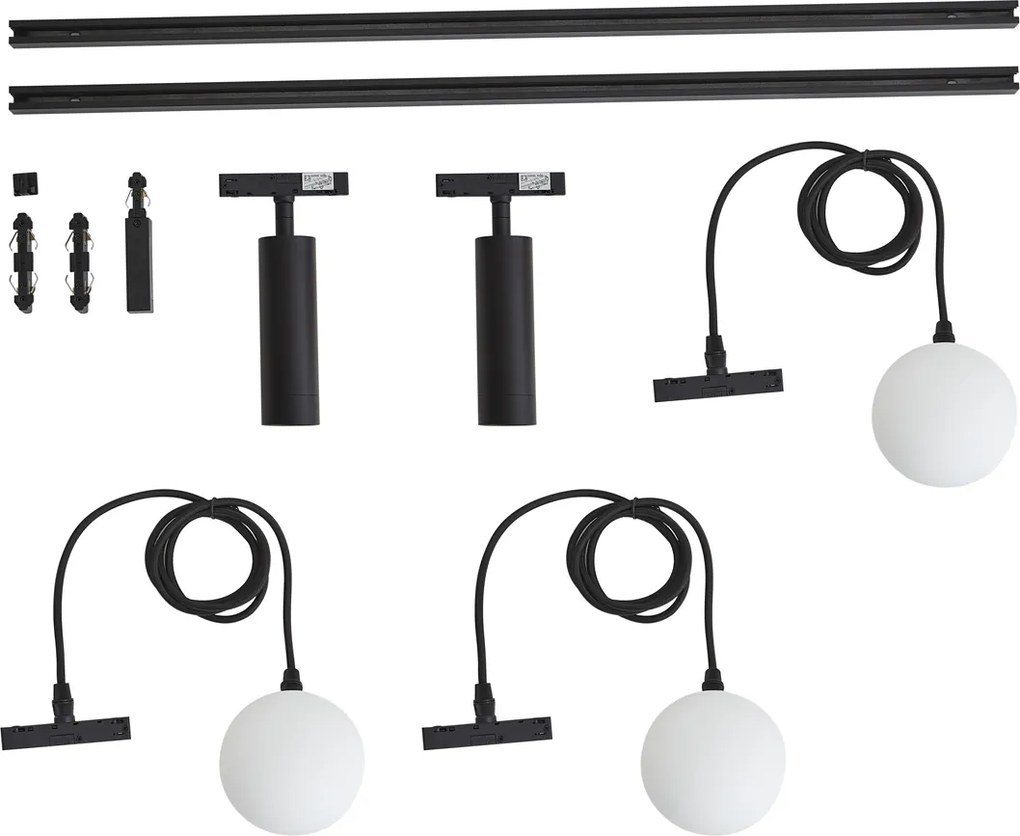 Sistema de calhas moderno preto com 2 focos e 3 candeeiros suspensos monofásicos - Slimline Uzzy Eira