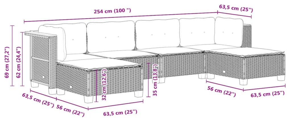 6 pcs conjunto sofás de jardim com almofadões vime cinzento