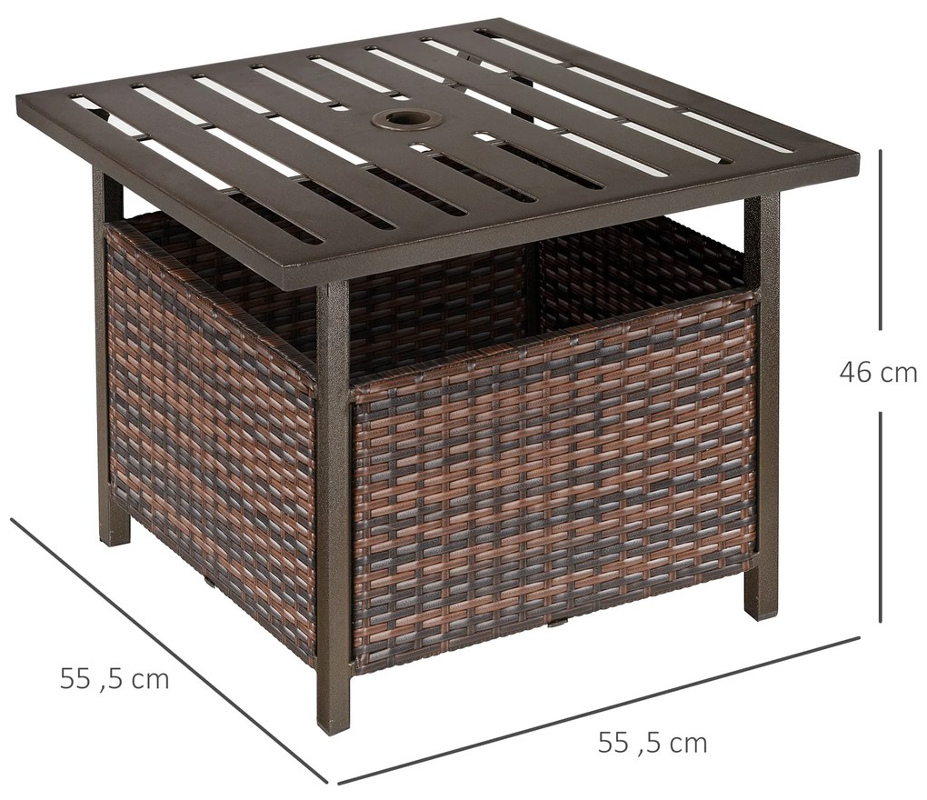 2 em 1 Base para guarda-sol com mesa lateral de vime em aço para terraço jardim Pátio 55,5x55,5x46 cm marrom