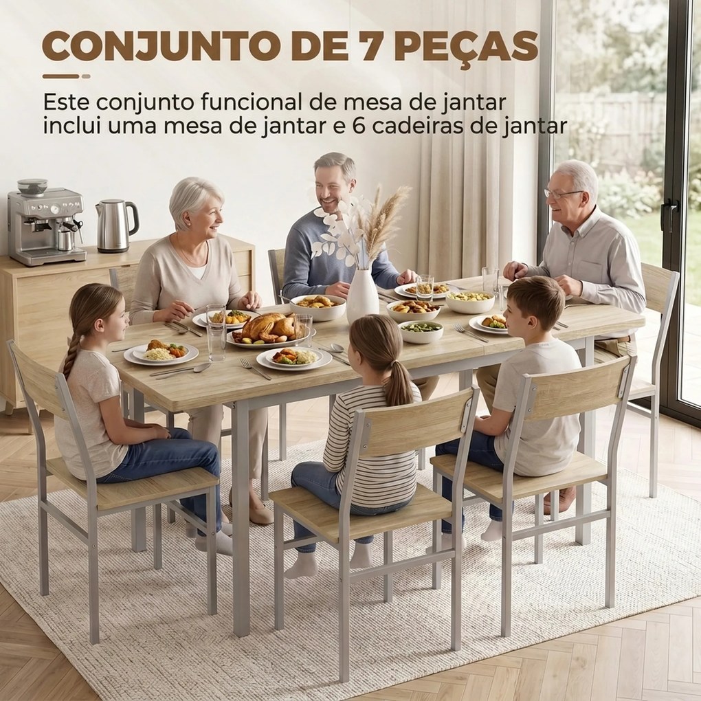 Conjunto de Mesa de Jantar Extensível 120-160 cm e 6 Cadeiras Empilháveis para 4-6 Pessoas Efeito Carvalho