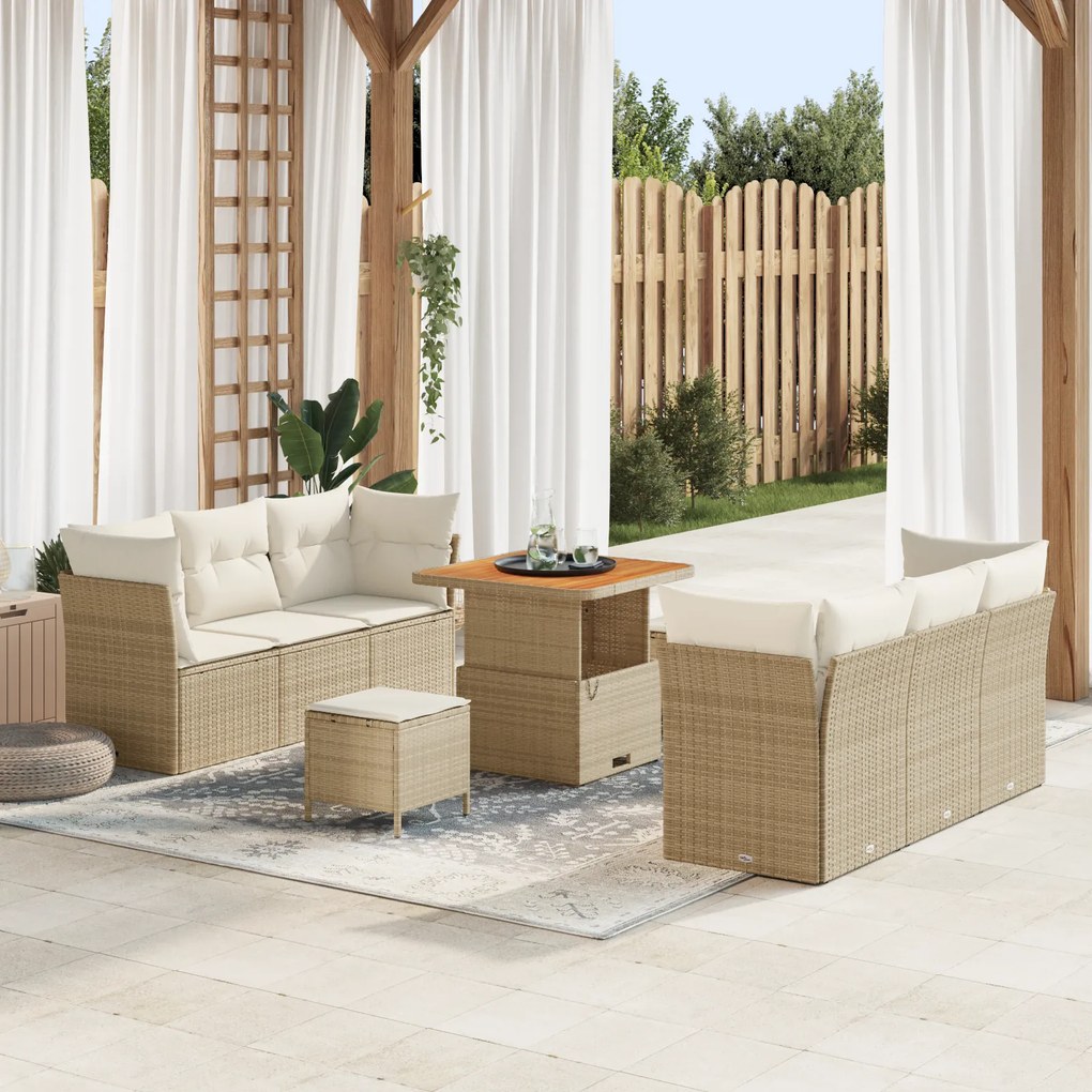 vidaXL Conjunto de Sofá Jardim Modular de 9 Peças com Almofadas Bege de Rattan Poliéster