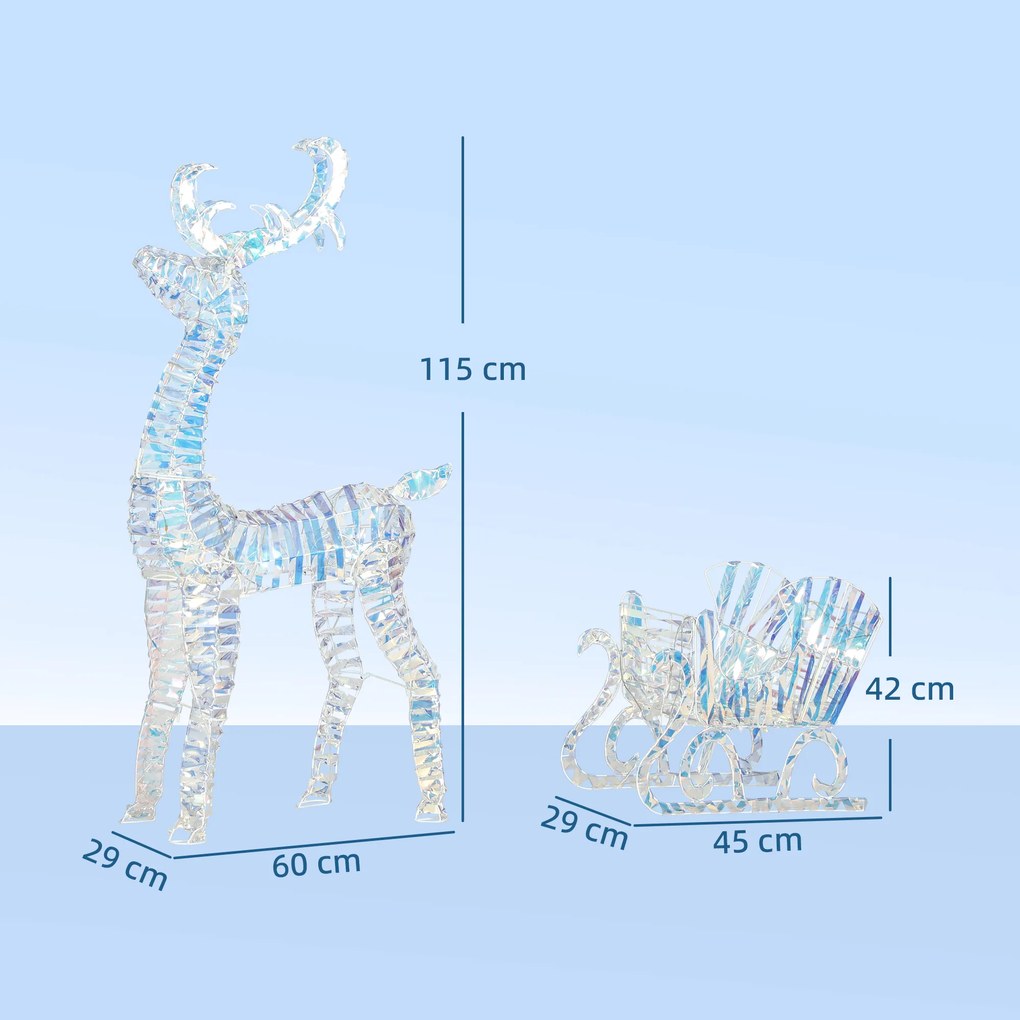 Rena e trenó de Natal iluminados 60 x 29 x 115 cm com 170 LEDs de luz branca quente, decoração de Natal para interior e exterior,