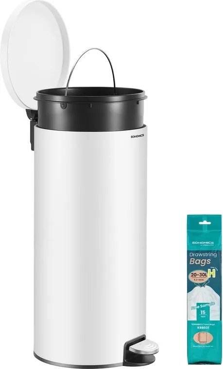 Caixote do lixo redondo de 30 L com pedal e cesto interior removível 29,5 x 37,1 x 63 cm, branco nuvem