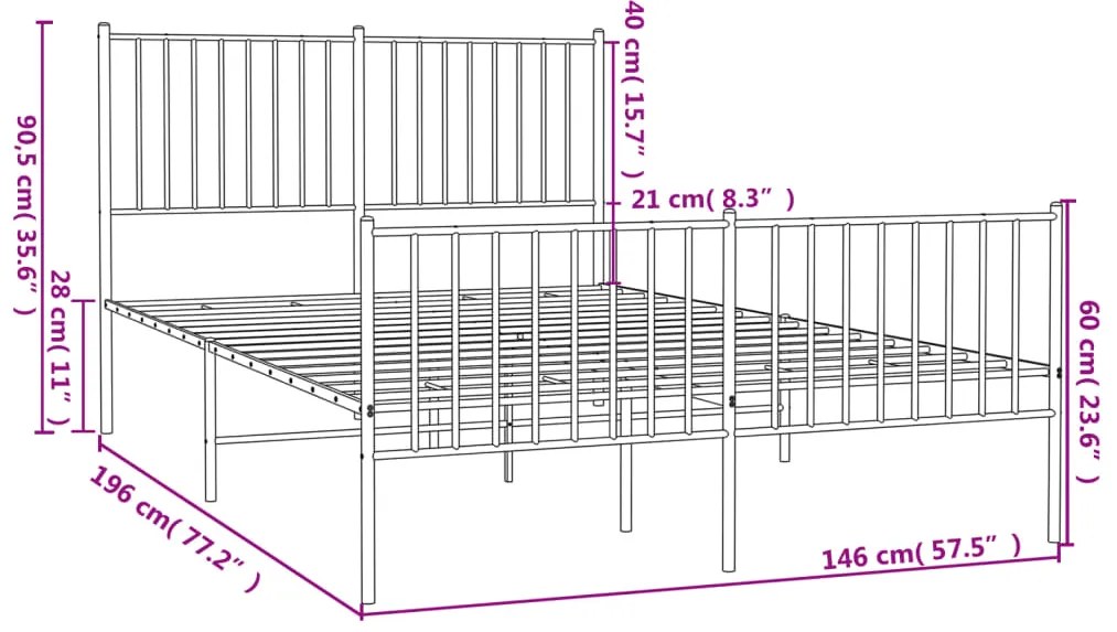 Estrutura de cama com cabeceira e pés 140x190 cm metal preto