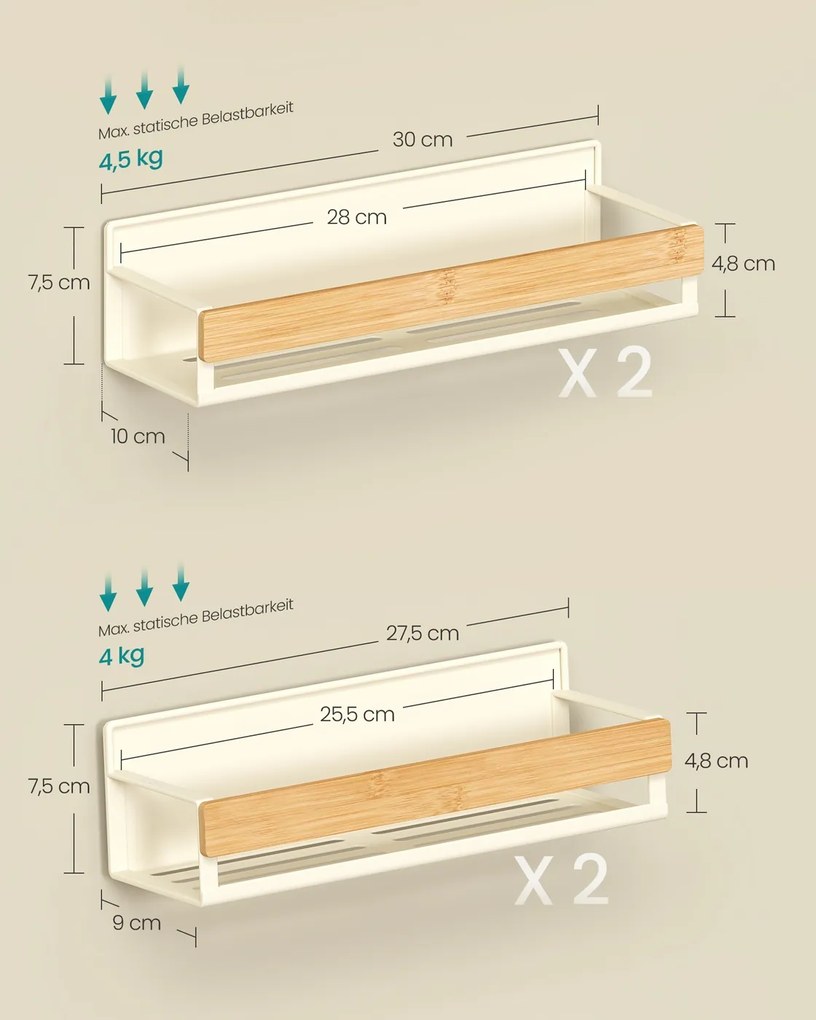Conjunto de prateleiras magnéticas para especiarias em metal, sem necessidade de perfuração branco creme-bege natural
