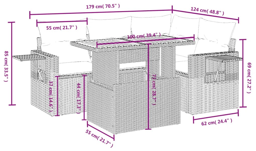 5 pcs conjunto de sofás p/ jardim com almofadões vime PE bege