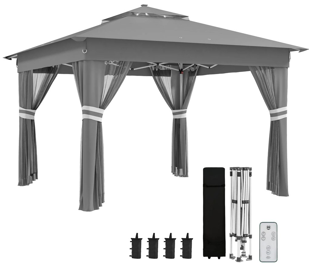 Outsunny Tenda Dobrável 336x336 cm com Teto Duplo 4 Paredes Laterais 20 Luzes LED Solares e Altura Ajustável Cinza