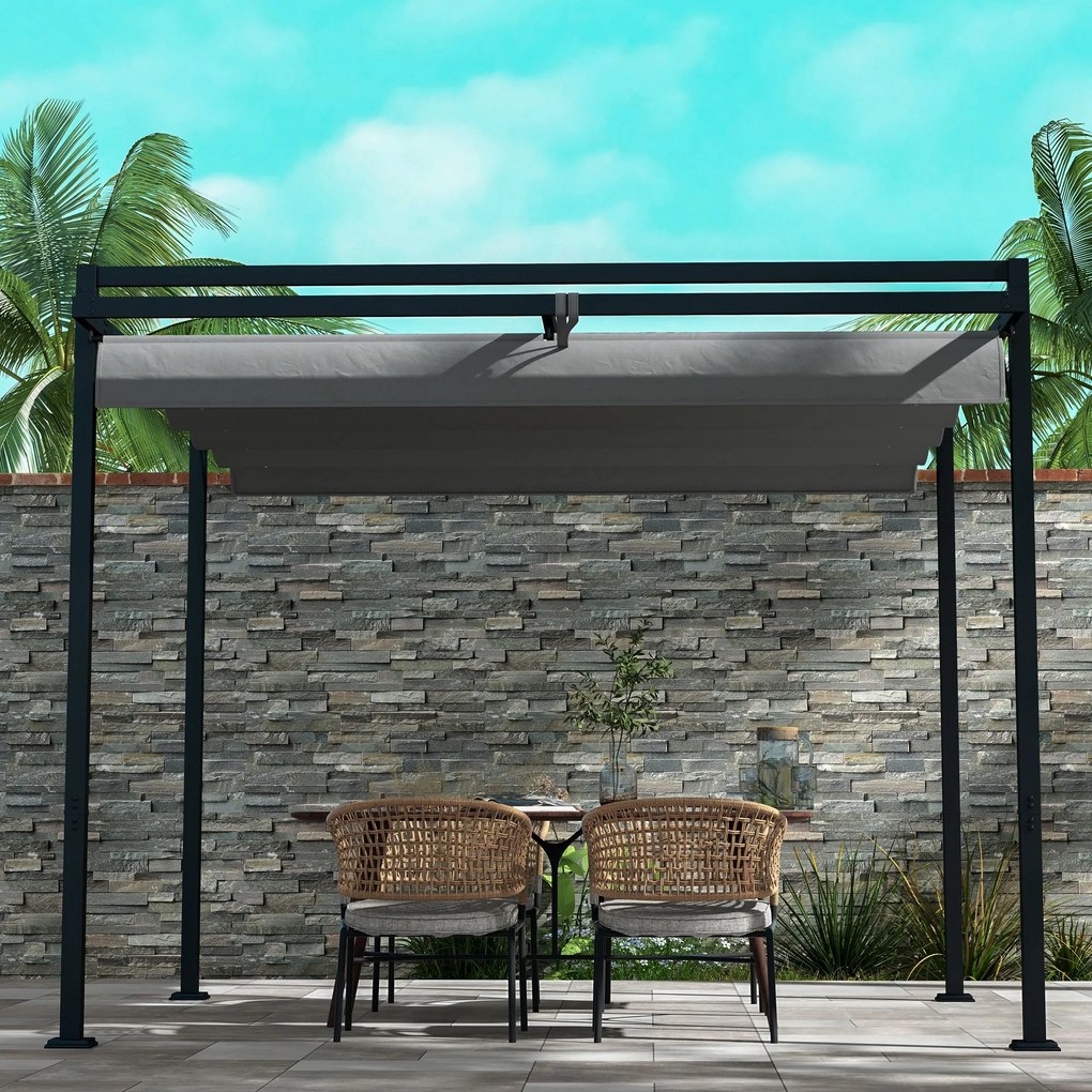 Pérgola 3x4 Pérgola de Jardim com Teto Retrátil de Poliéster e 12 Orifícios de Drenagem Cinza