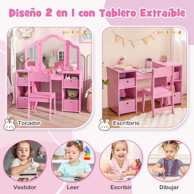 Conjunto 2 em 1 Toucador e Cadeira de Maquiagem para Crianças a partir de 3 anos com 3 Espelhos Removíveis e 4 Compartimentos de Armazenamento Rosa