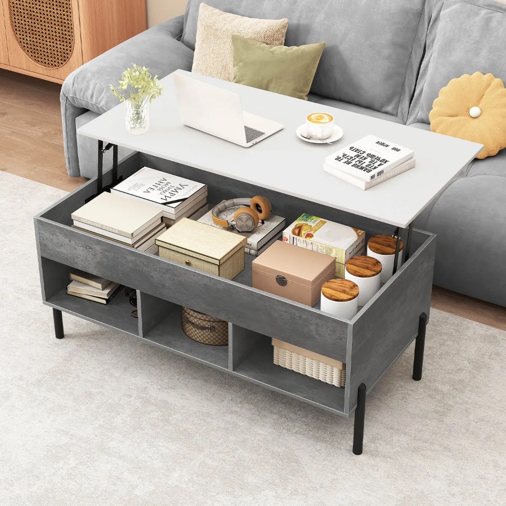 Mesa de centro 100 x 50 x 45 cm elevável com tampo ajustável, amplo compartimento oculto e 3 espaços abertos, com pés em metal cinzenta