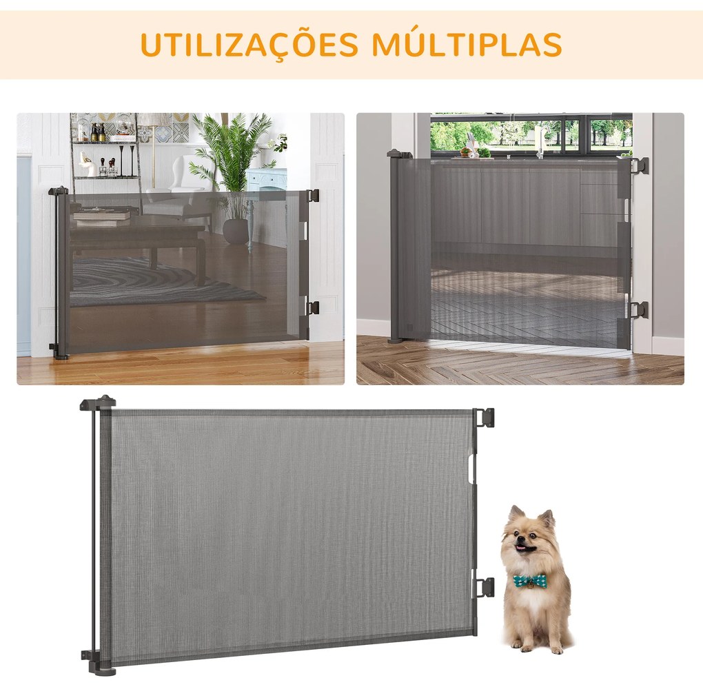 PawHut Barreira de Segurança para Cães Extensível 0-150cm Porta de Proteção Retrátil para Animais de Estimação Barreira para Escadas e Corredores Liga de Alumínio 165x10,7x85cm Cinza