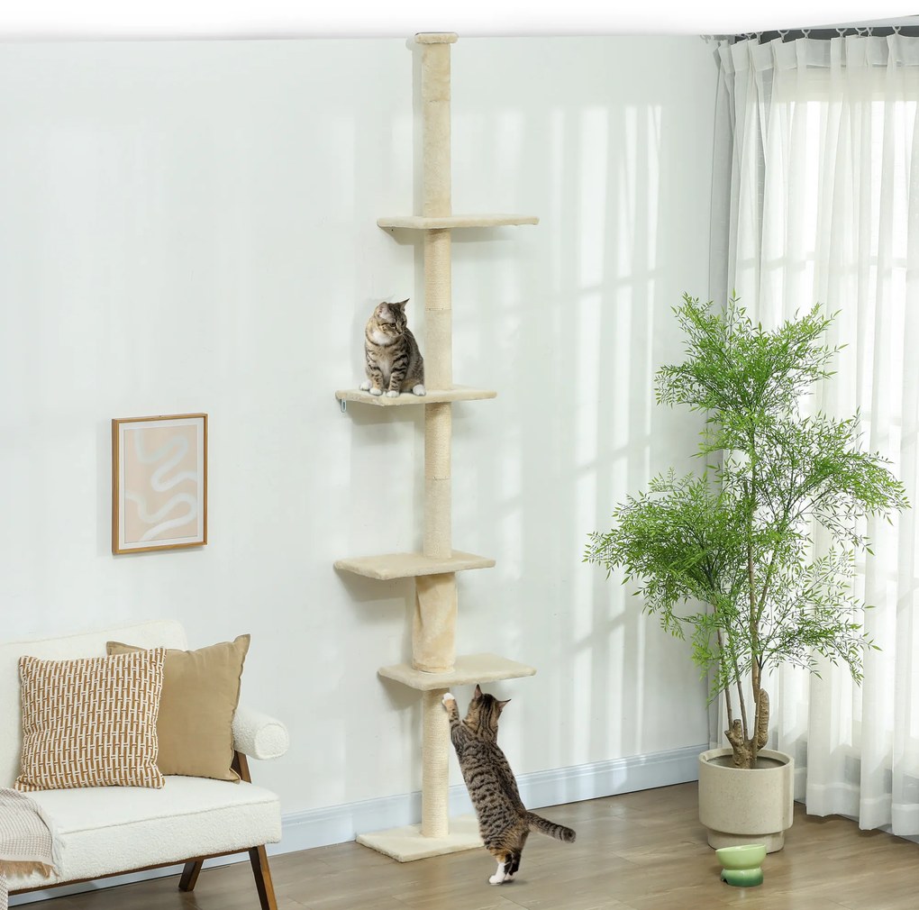 Arranhador para Gatos do Chão ao Teto 225-275 cm Torre para Gatos com Múltiplas Plataformas Sistema Anti-Tombo Creme