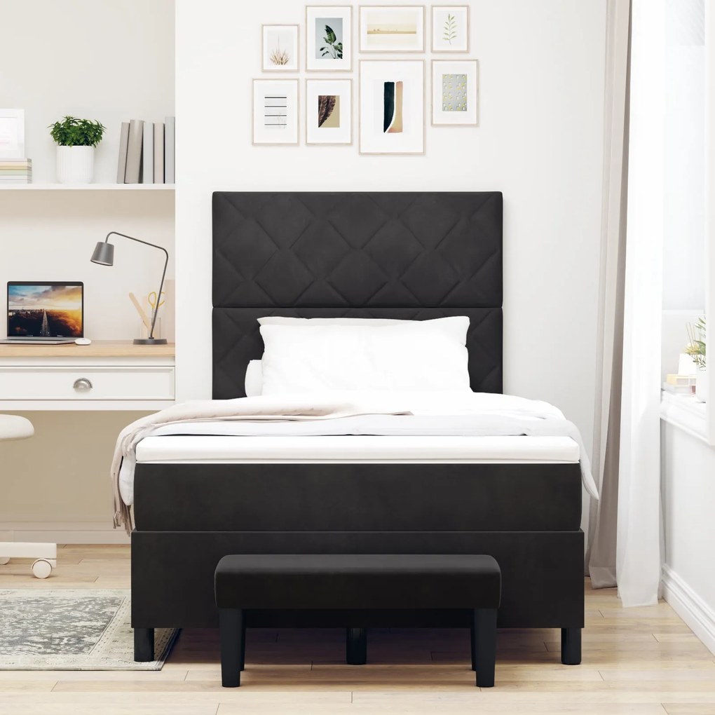 Cama box spring com colchão e banco preto 120x200 cm veludo