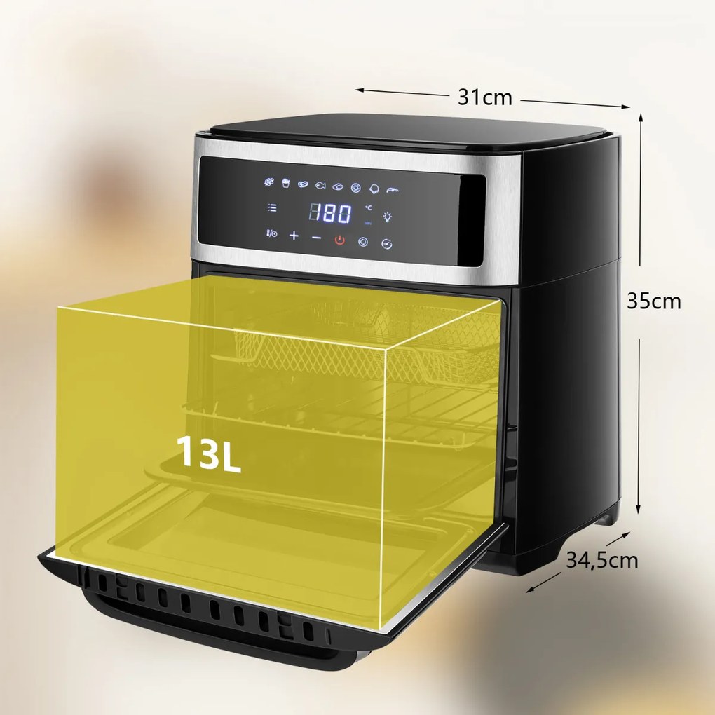 Forno de ar 8 em 1 13 L 1700 W Fritadeira sem óleo com ecrã táctil 8 Menus pré-definidos Temperatura e temporizador ajustáveis