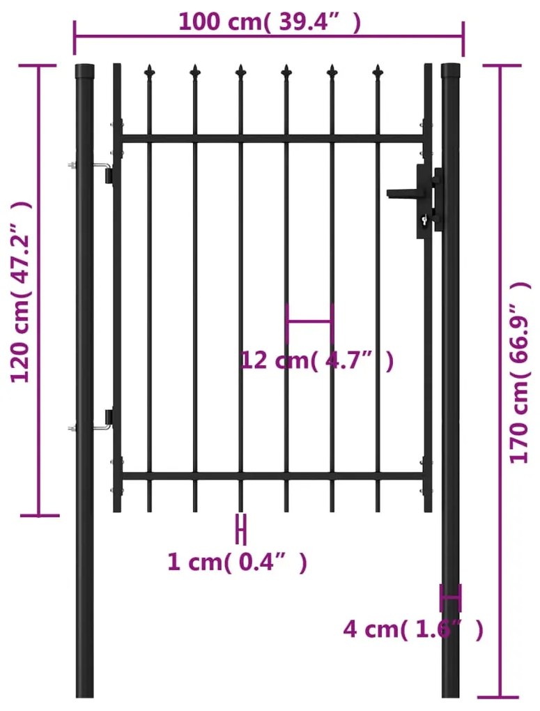 Portão de vedação individual topo em espeto aço 1x1,2m preto