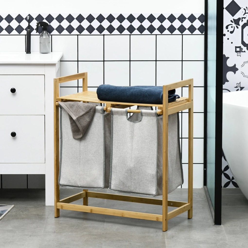 Cesto de Roupa de Bambu Cesto de Roupa Suja com 2 Bolsas Amovíveis e 2