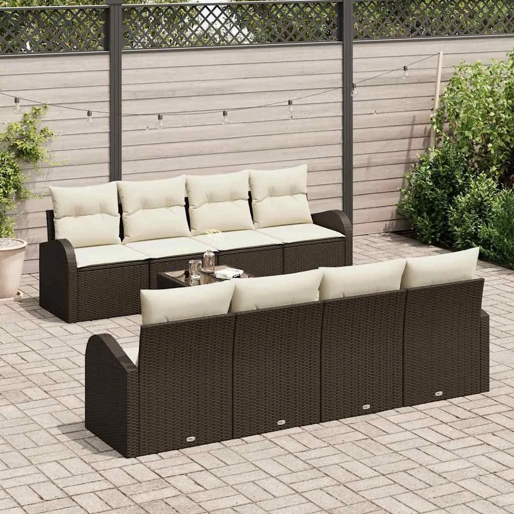 Conjunto de Sofá de Jardim com 9 Peças e Almofadas Marrons em Rattan
