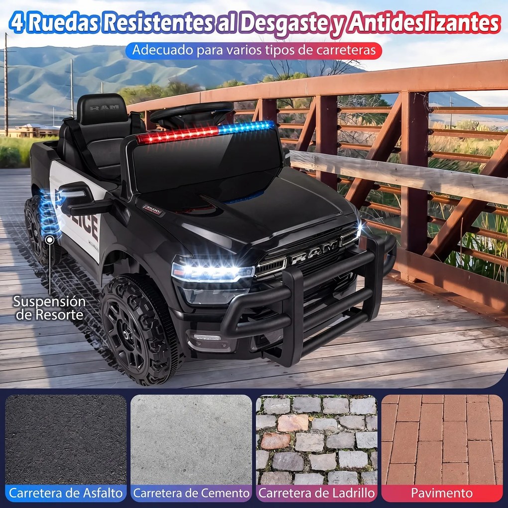 Carro Elétrico Infantil de Polícia, 96,5 x 61 x 48,5 cm, Com Comando à Distância, Preto e branco