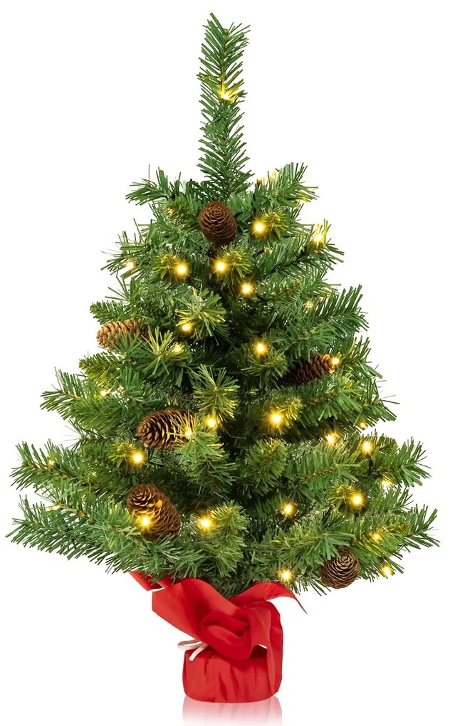 Árvore de Natal 64 cm Pequena Pré-iluminada para Mesa com 50 Luzes LED 8 Modos de Luz Base de Cimento Verde