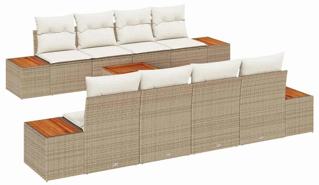 Conjunto de Sofás de Jardim 9 Peças com Almofadas Rattan Bege Acácia
