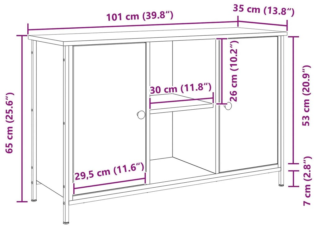 Armário de TV vidaXL Preto Carvalho 101x35x65 cm Madeira Ing. e Aço