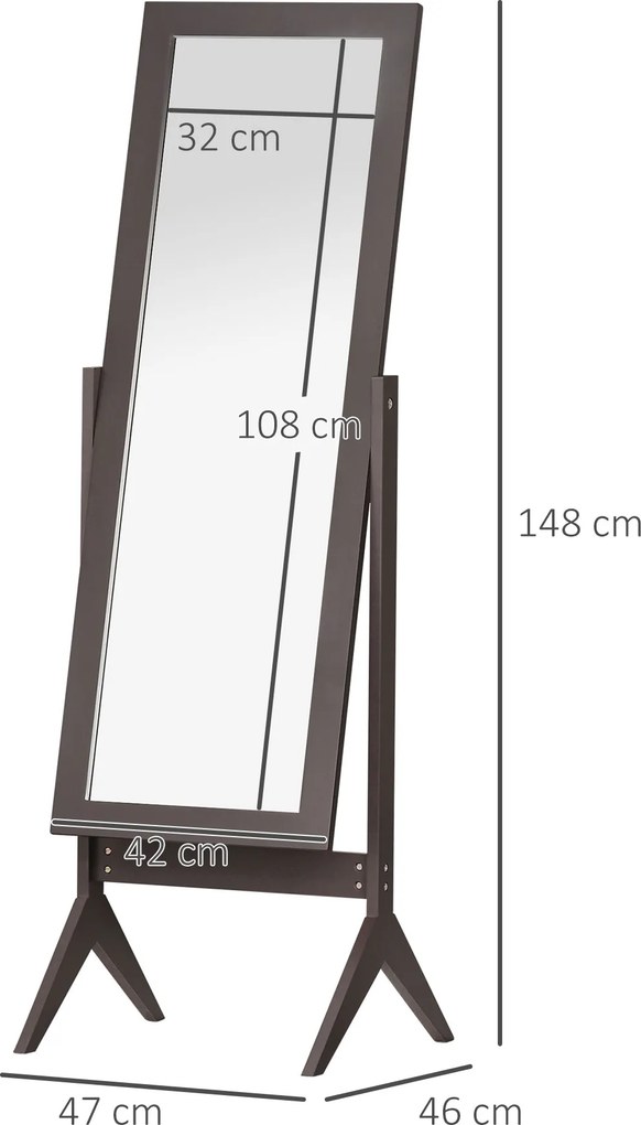 Espelho de pé grande 47 x 46  x 148  cm com inclinação ajustável para roupeiro ou quarto, cor café