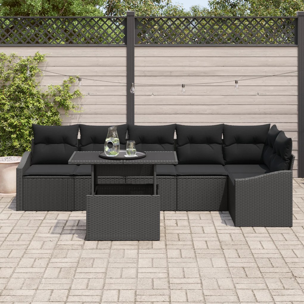Conjunto de Sofá de Jardim de 7 Peças com Almofadas Preto em Rattan Po