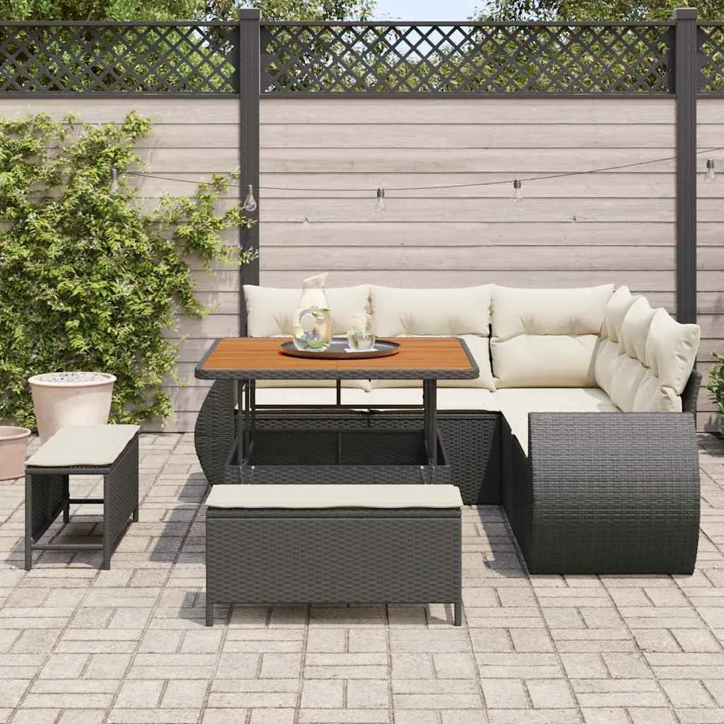 Conjunto de Sofá Jardim de 8 Peças com Almofadas Preto Polirattan Acác