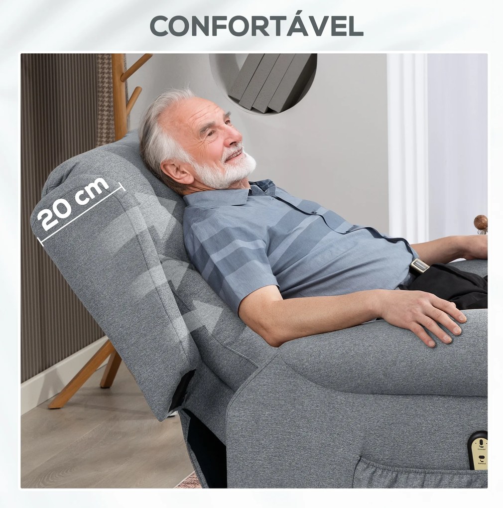 Poltrona Relax Reclinável Elétrica Poltrona Elevatória com Encosto Alto Capitonê Controlo Remoto 85x91x103 cm Cinza