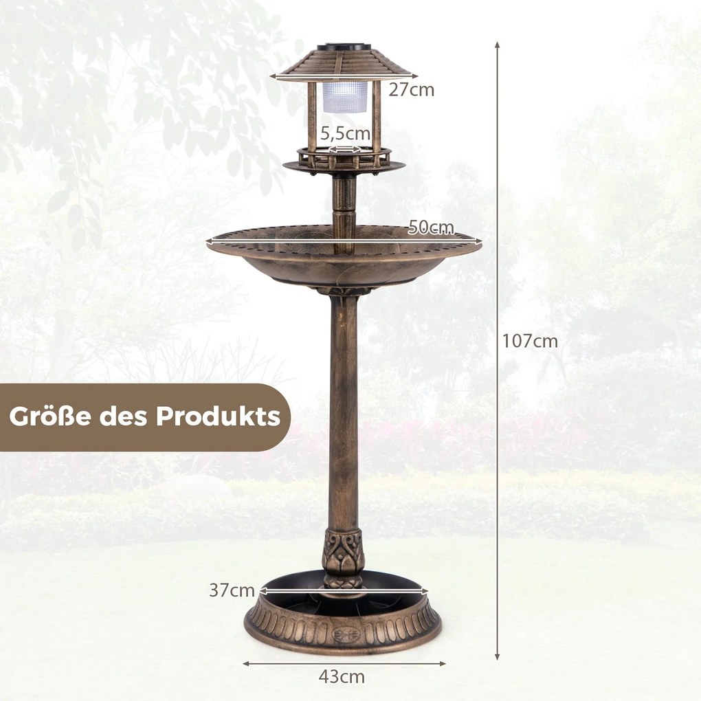 Bebedouro jardim para pássaros 51 x 51 x 107 cm com luz solar e vaso, estação de alimentação Bronze