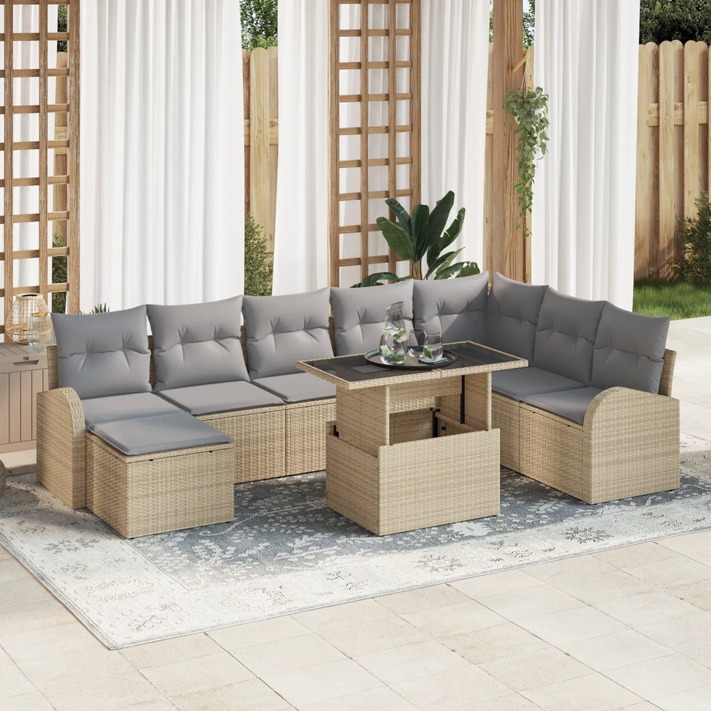 Conjunto de Sofá de Jardim vidaXL de 9 Peças com Almofadas Bege Rattan Poliéster