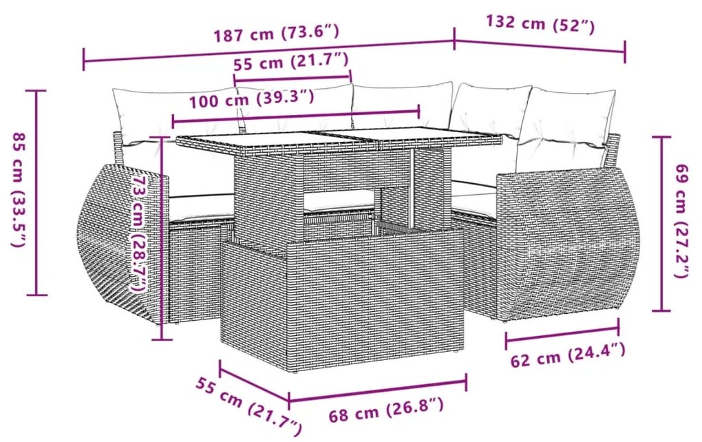 5 pcs conjunto sofás p/ jardim c/ almofadões vime PE castanho