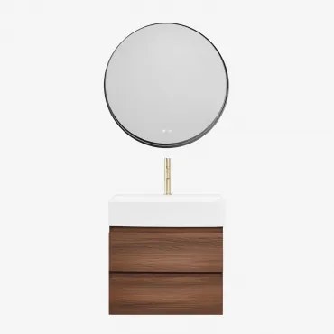 Conjunto De Móvel De Casa De Banho Em Madeira E Chapa De Freixo Com Lavatório Integrado Ona Madeira Escura & Redondo Led - Sklum