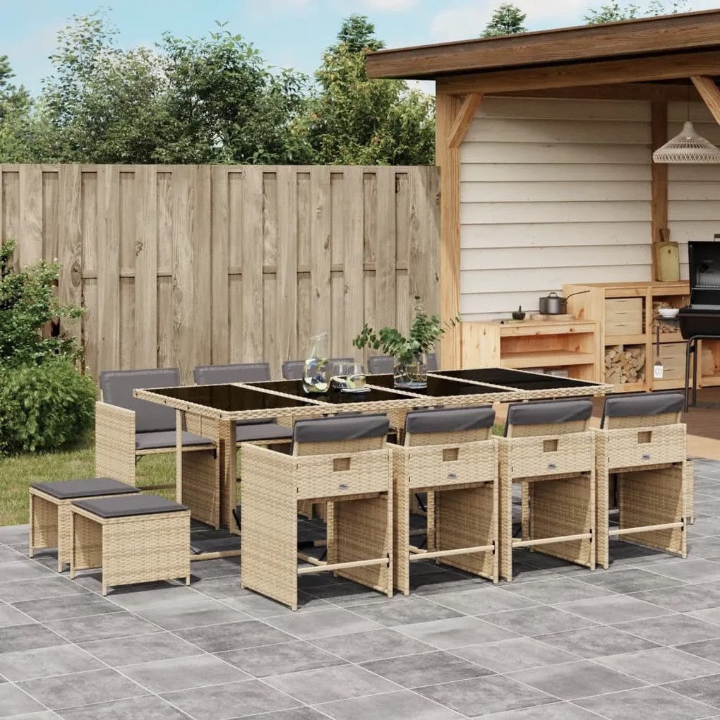 vidaXL 13 pcs conj. jantar jardim c/ almofadões vime PE bege misturado