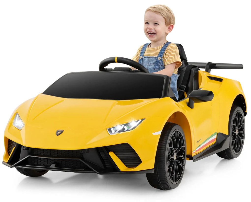 Carro Elétrico Lamborghini Licenciado para Crianças 12V com Controlo Remoto Luzes LED Música Buzina Arranque Suave Amarelo