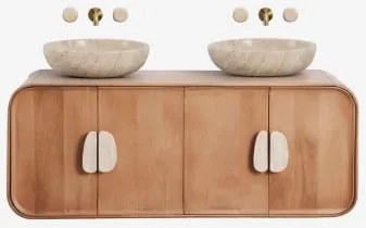 Conjunto De Móvel De Casa De Banho Dupla Suspensa 130x45 Cm Em Madeira De Manga E Pedra Natural Kivalina Sem Espelho & Travertino - Madeira De Manguei