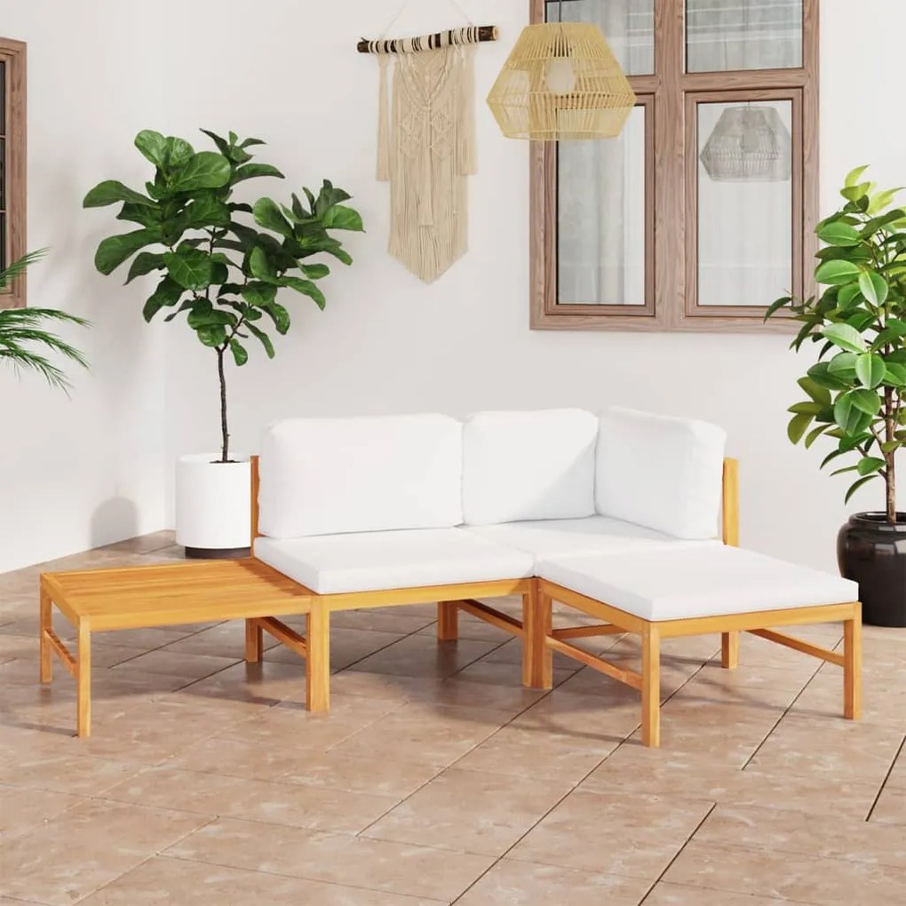 vidaXL 4 pcs conj. lounge de jardim + almofadões cor creme teca maciça