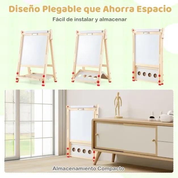 Cavalete de Arte em Madeira para Crianças Dobrável 3 em 1 de Dupla Face com Quadro Magnético Quadro Branco Natural