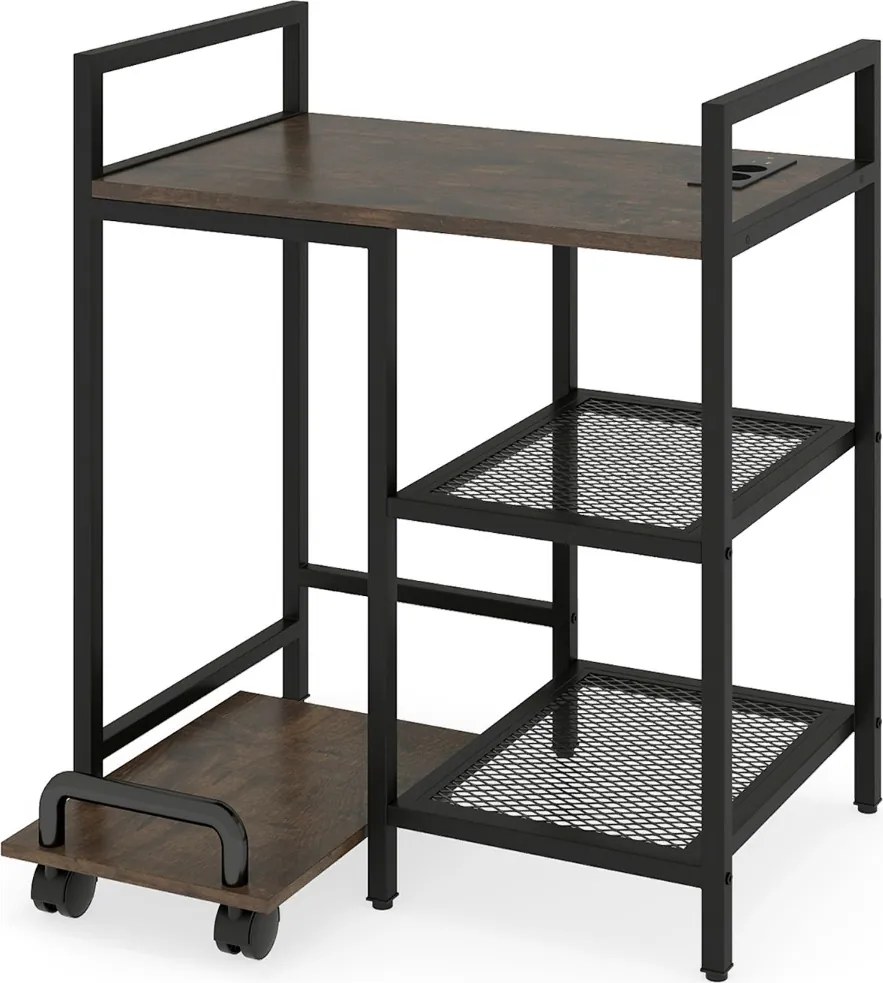 Suporte para impressora 63,5 x 40 x 72 cm com estação de carregamento de 3 níveis com rodas bloqueáveis Castanho