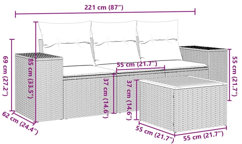 4 pcs conjunto sofás de jardim c/ almofadões vime PE cinzento