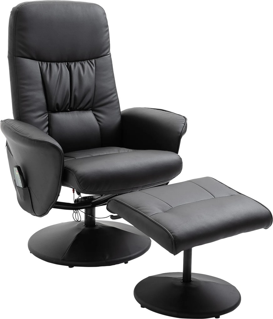 HOMCOM Poltrona relax com puff, poltrona giratória para TV com 10 pontos de massagem, reclinável, poltrona de massagem com controle remoto, bolso lateral, poltrona para TV, couro sintético, Preto | Aosom Portugal