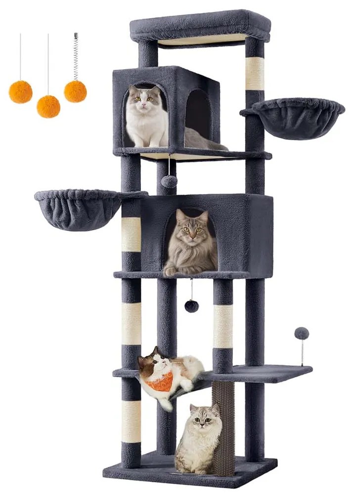 Arranhador para gatos com 190,7 cm de altura, 2 cavernas e 2 cavidades para descansar cinza escuro