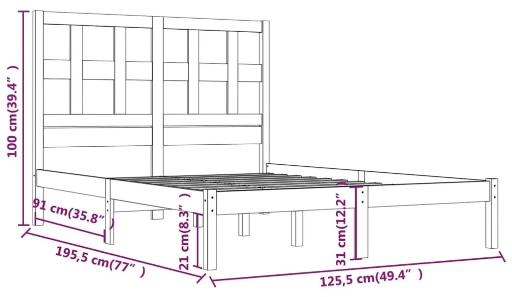 Estrutura de cama dupla pequena 4FT 120x190 cm pinho maciço